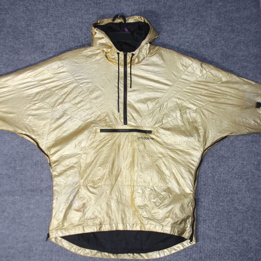 Adidas‎ Windbreaker Mens L Gold Metallic Pullover Anorak Hooded Jacket